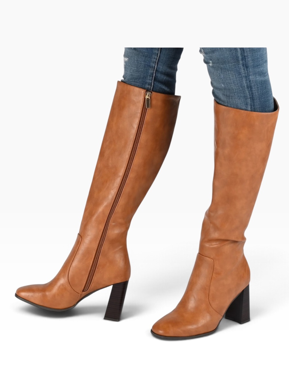 Journee Collection Karima Tan Square Toe Block Heel Wide Calf Tall Boots 9.5M